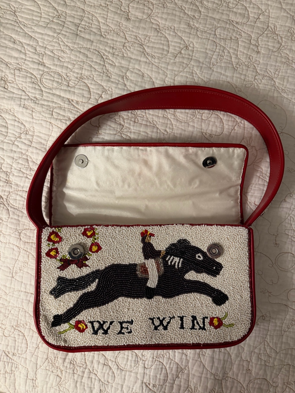 STAUD Cream Beaded Shoulder Bag with Red Trim - Picture 7 of 8